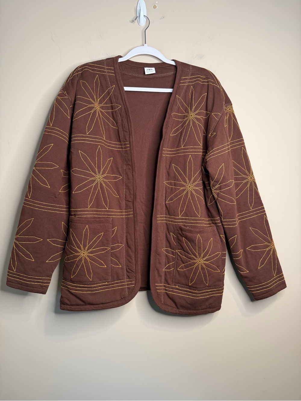ZARA Brown Quilted Jacket Floral Embroidered Open Front Cardigan Men’s Size S-M